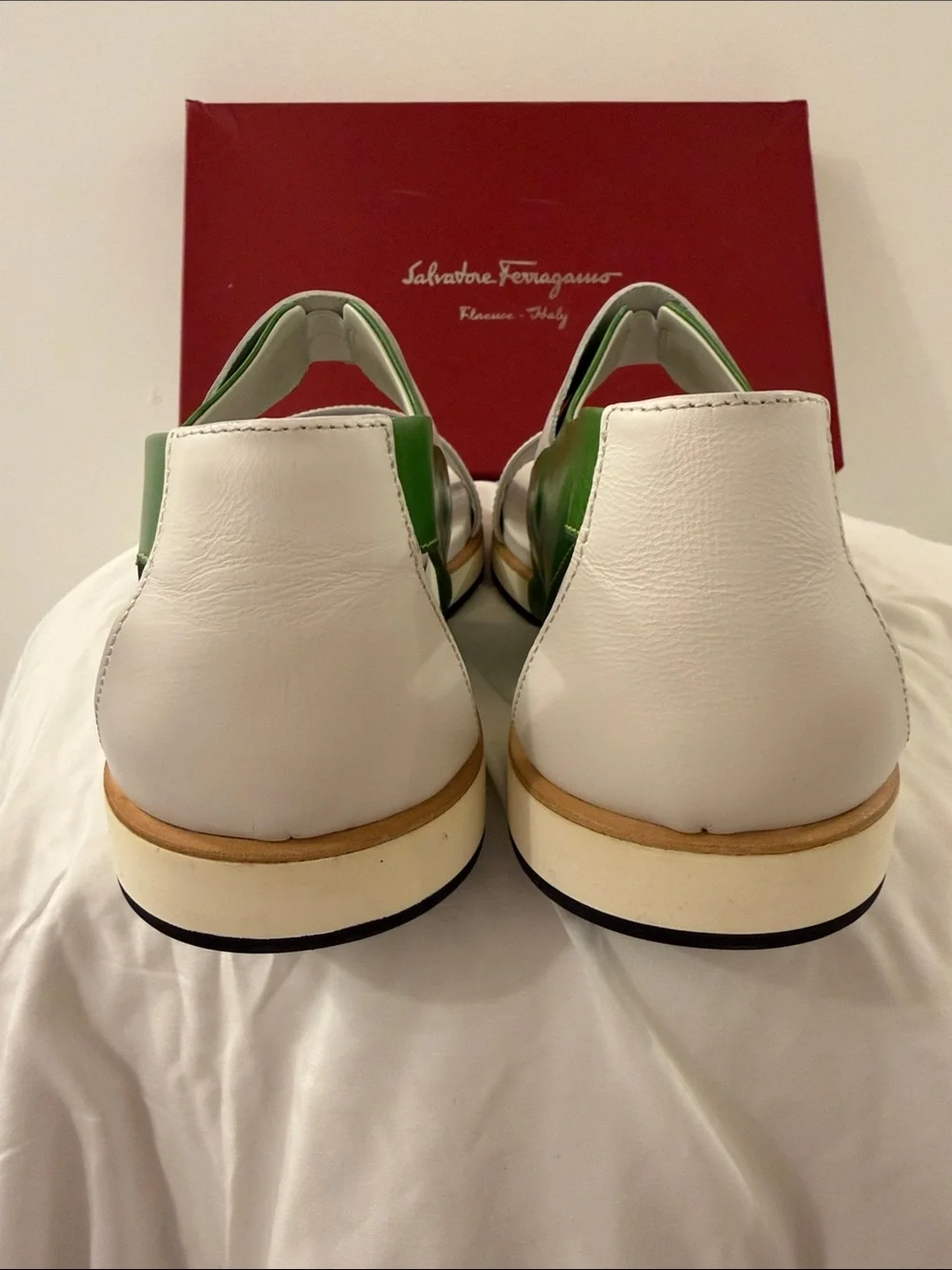 Salvatore Ferragamo White and Green Leather Strap Sandals